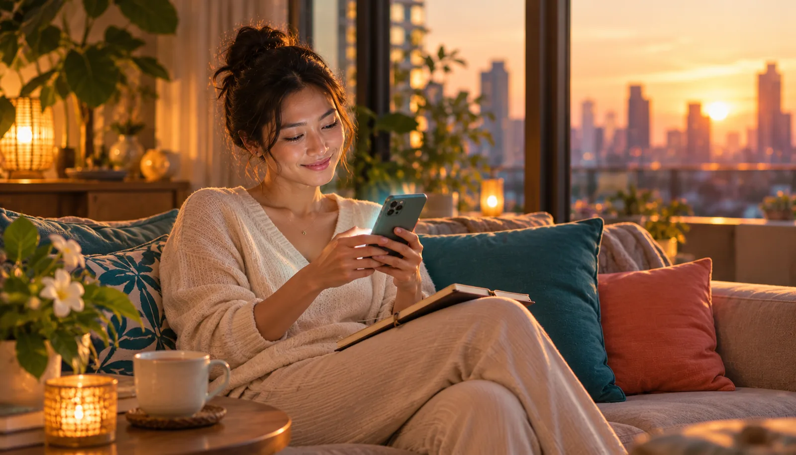 Une femme sur un canapé prépare son profil sur son téléphone