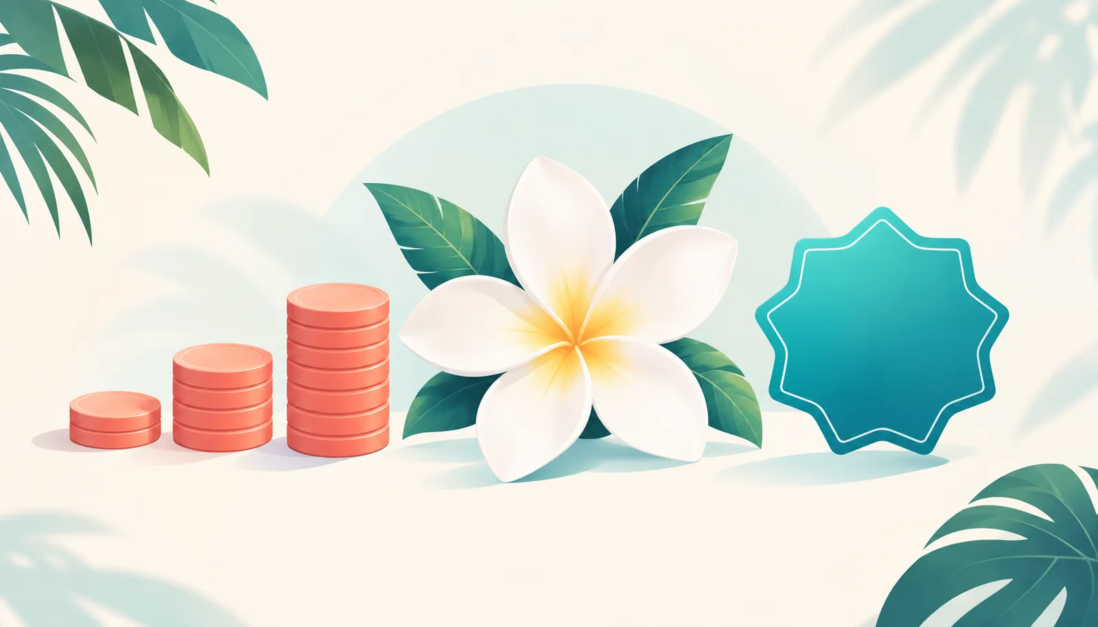 A tiare flower between stacks of credits and a subscription badge