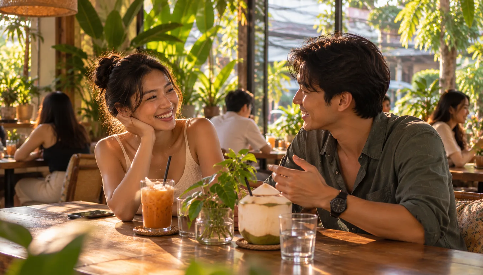 คนสองคนคุยกันในคาเฟ่ที่เต็มไปด้วยต้นไม้ในกรุงเทพฯ