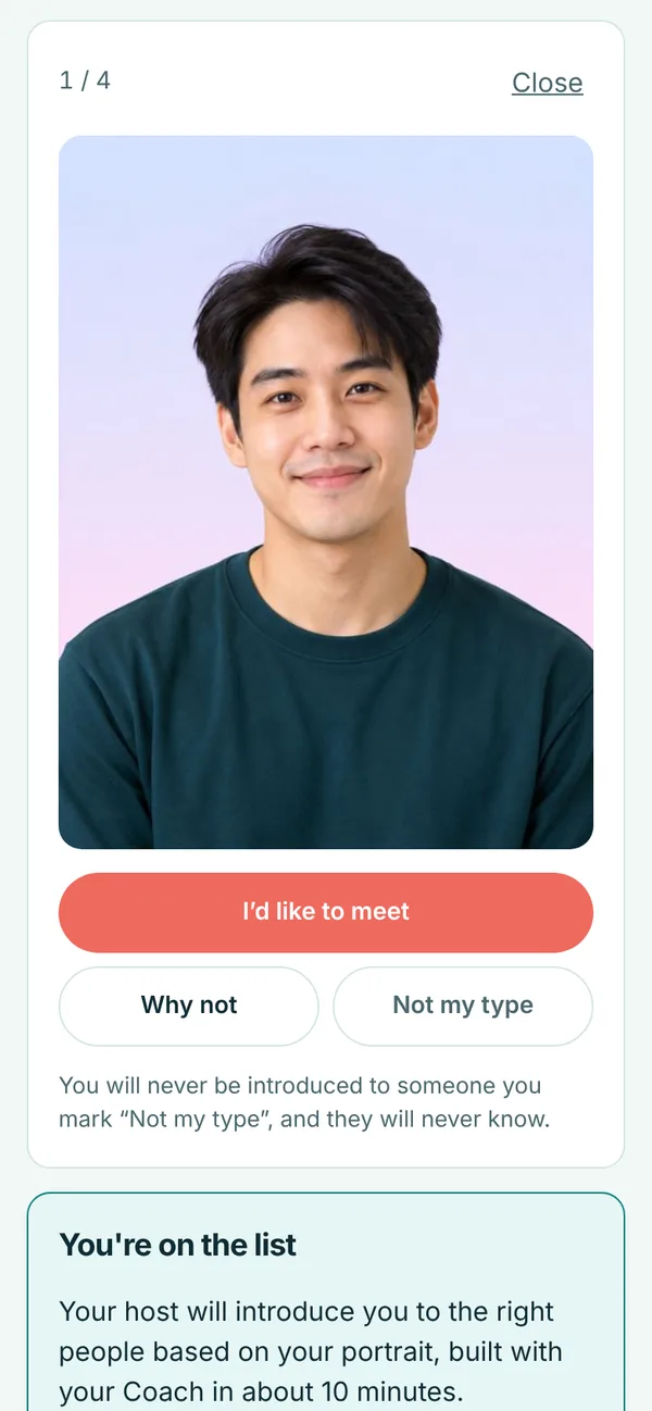 First look: a guest photo without a name, with I'd like to meet, Why not and Not my type