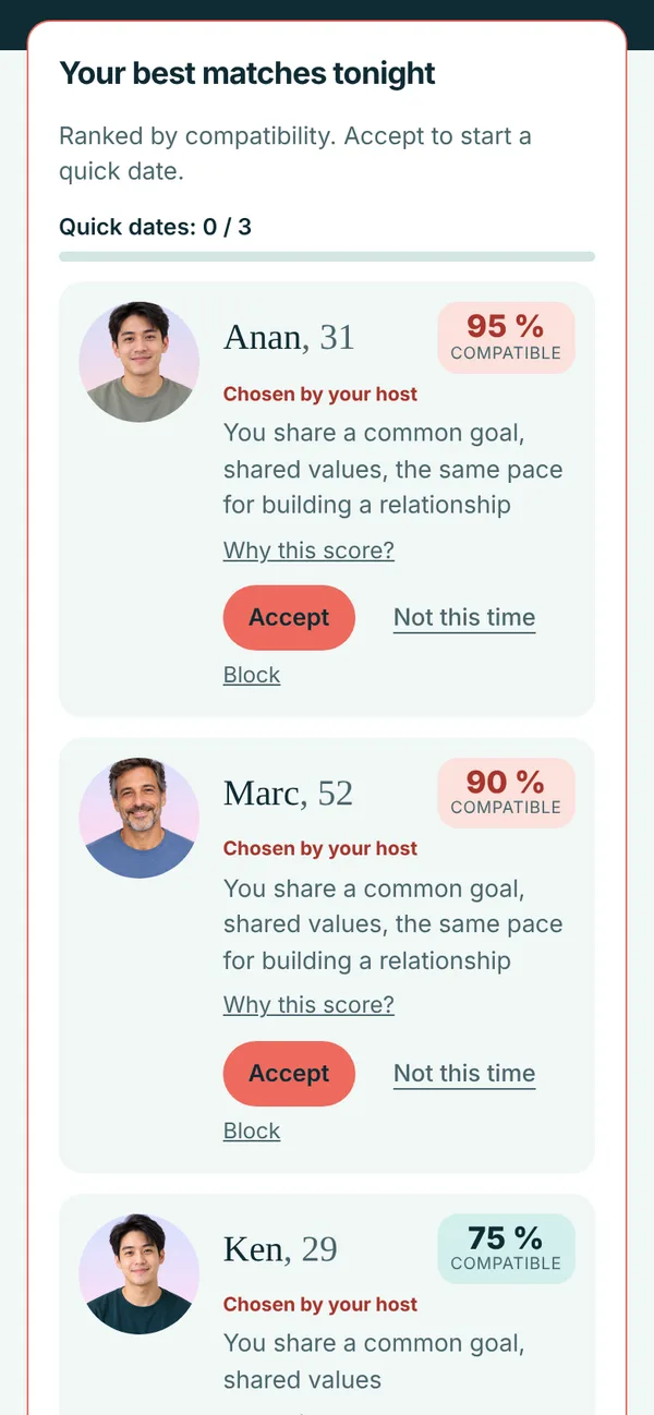 Guest phone showing three ranked introductions with compatibility scores