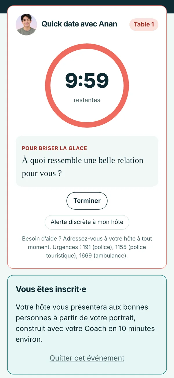 Compte à rebours d'un quick date avec une question pour briser la glace