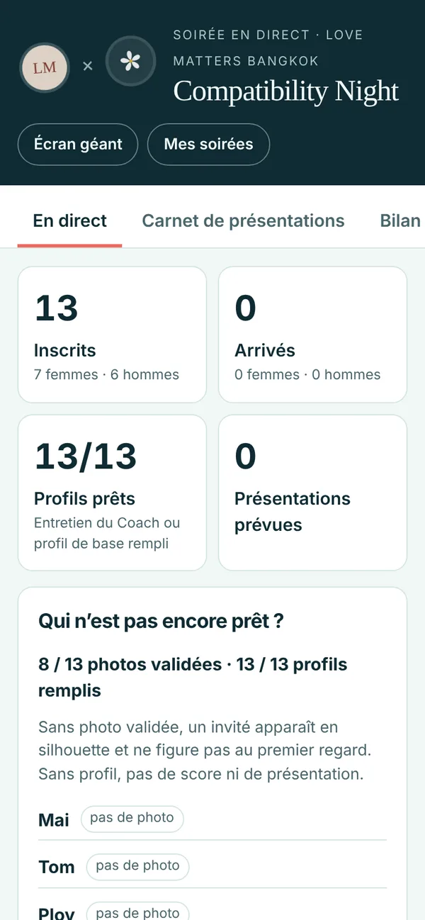 Vue en direct de l'organisateur : arrivées, bouton de révélation, réglages des quick dates