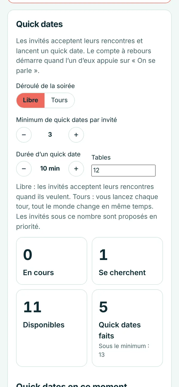 Vue de l'organisateur : quick dates en cours et invités sans date