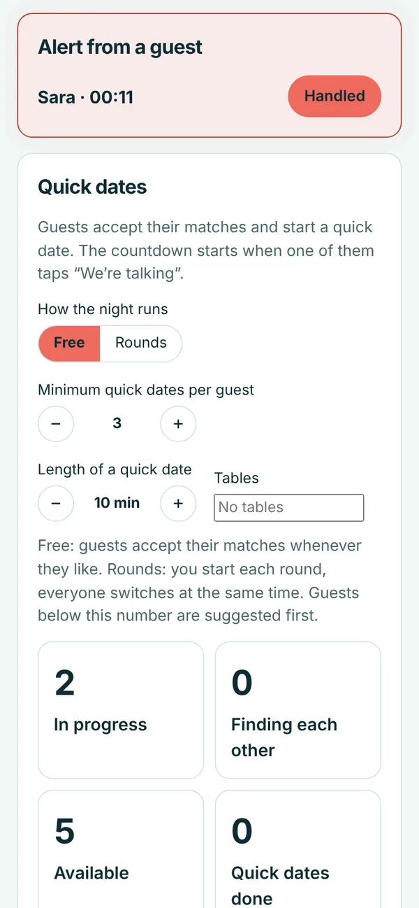 Organizer view of quick dates in progress and guests without a date