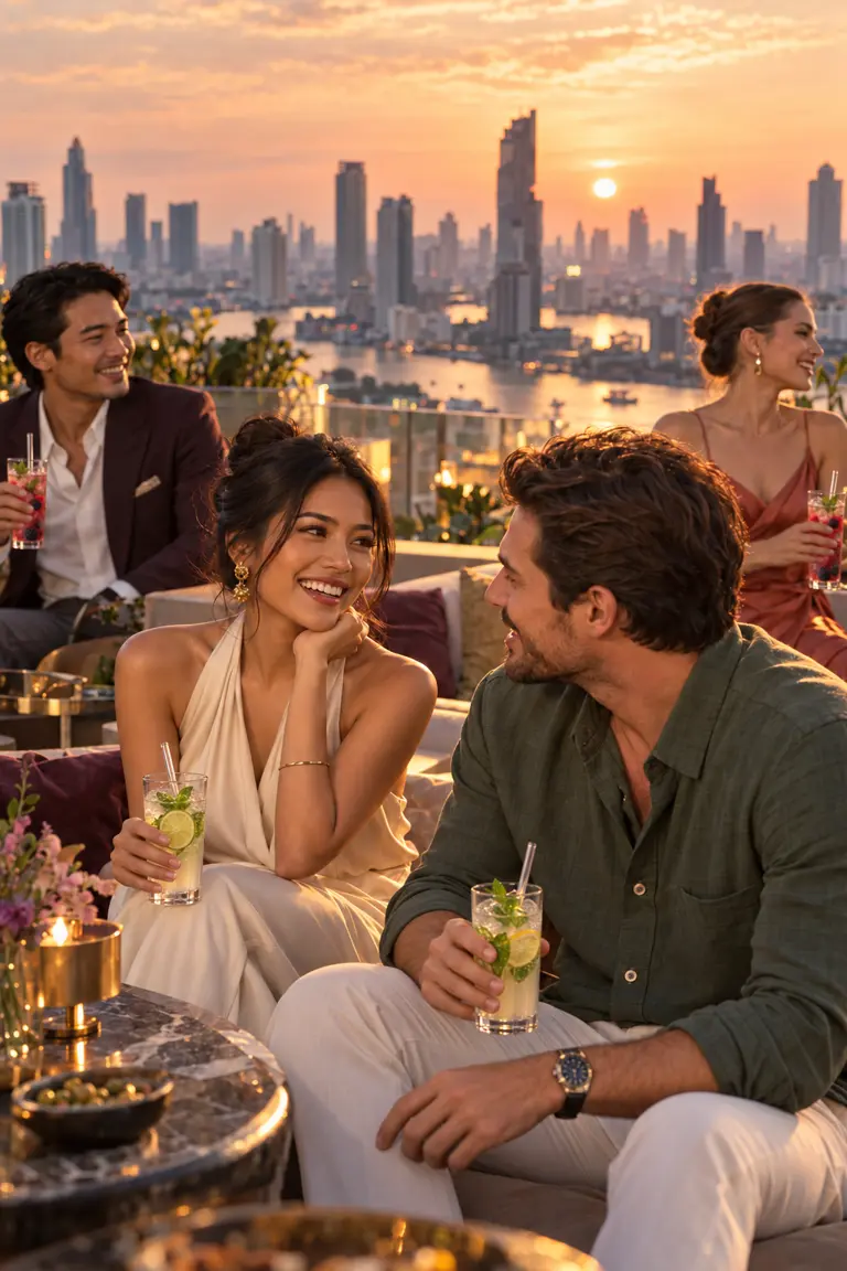 Friends talking on a Bangkok rooftop at sunset, holding alcohol-free mocktails